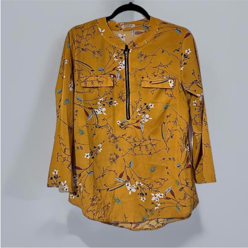 Women's Floral Chiffon Blouse 3/4 Sleeve V
Neck Yellow Zipper Top